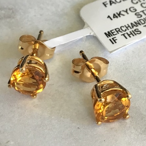 14K Yellow Gold & Genuine Citrine 5mm Stud Earrings November Birthstone NWT - Picture 2 of 11